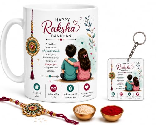 Image of Raksha Bandhan Keepsake Mug Combo | Brother Sister Printed Mug and Keychain with Rakhi