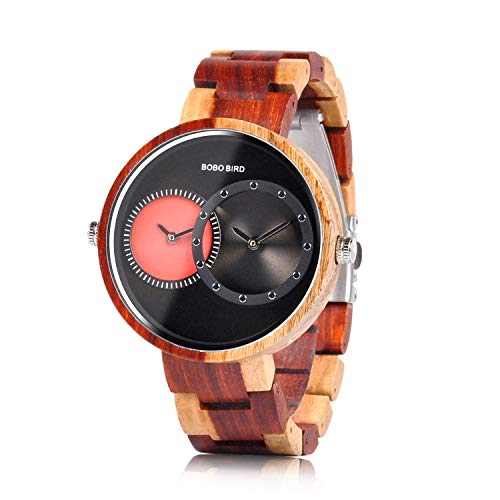BOBO BIRD R10 Herren Damen Unisex Holzuhr Uhren 2 Zeitzone Holzuhren Leichte Luxus Quarz Armbanduhren (Rot) Cover