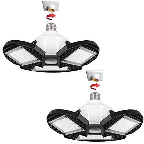 2Pack LED Garage Lights,100W Deformable LED Garage Ceiling Lights12500 LM CRI 80 Led Shop Lights for Garage, Garage Lights with 3 Adjustable Panels,Led Garage Lighting (No Motion Activated) 100W2PK