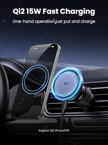 Image of UGREEN Qi2 Wireless Car Charger, 15W Fast Charging Strong Magnetic Car Phone Holder with LED Light for iPhone 17 /16 /15 /14 /13 /12 Series Car Accessories