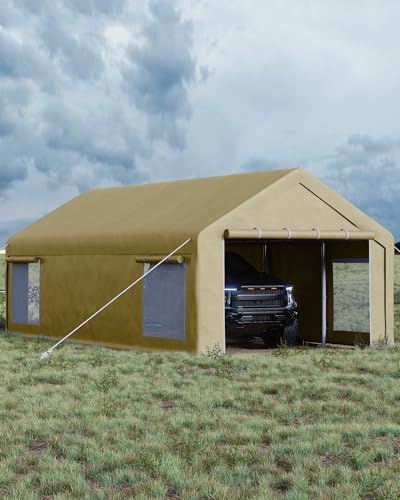 Image of GarveeLife 13x25 ft Carport with 10 Sandbags, Car Port with 220 g PE Tarp, 2 Roll-Up Doors, and 4 Windows, for Full-Size Pickups, Bass Boats, Tractors, and SUVs, Khaki
