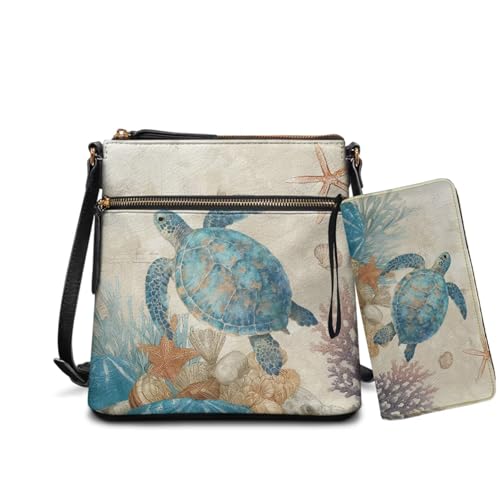 Lotusorchid Sea Turtle Print Crossbody Bags for Women Set with Wallet, Starfish Printed Shoulder Bag Crossbody Purse, Practical Satchel Purses Hobo Bags with Wallet Gift for Mom Wife Friends