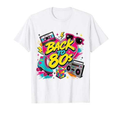 Image of Back to 80s Retro Boom Box Roller Skate Rubik's Sunglasses Value Graphic T-Shirt, Men, White, XL