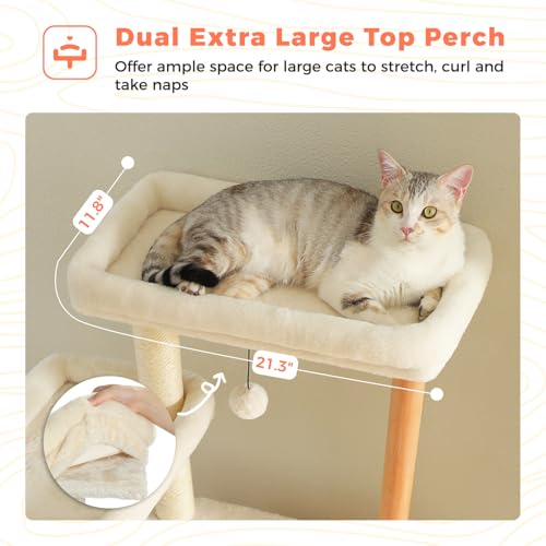 Image of 73 inch Tall Cat Tree for Large Cats, Wooden Cat Tower with Fully Sisal Covered Scratching Posts and Solid Wood Posts, Modern Cat Furniture with 2 Spacious Perch and Cozy Condo Beige