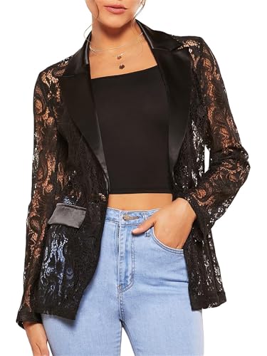 Women's Lace Floral Blazer Jacket Long Sleeve Lapel Collar Casual Coat Sheer Mesh Front Single Button Up Cardigan