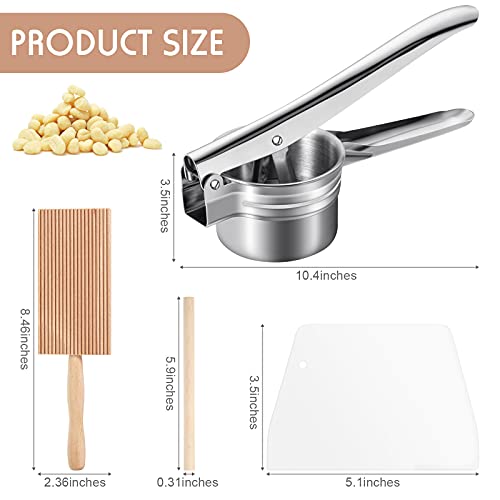 4 Pieces Gnocchi Board Set, Includes Plastic Trapezoidal Baking Scraper, Gnocchi Pasta Board Stripper Paddle, Dowel Wood Rolling Pin, Stainless Steel Potato Ricer Masher With 3 Interchangeable Discs #TOP1