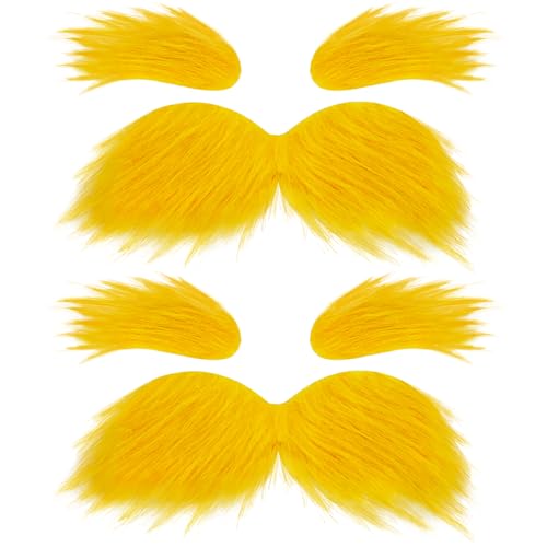 2 Sets Yellow Mustache and Eyebrows Self Adhesive Cosplay Costume Accessories Halloween Funny Fake Beard Eyebrows for Men Women Party Favors
