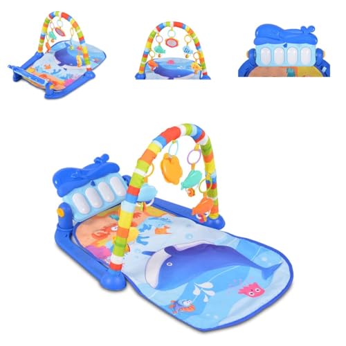 Moni arco de juego, manta de gateo Ocean, 5 juguetes colgantes, teclas de piano, color:azul