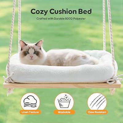 Cat Window Perch, Window Hammock for Cats with Solid Wood Seat 4 Heavy Duty Suction Cups, Plush Cushion, Indoor Cat Bed