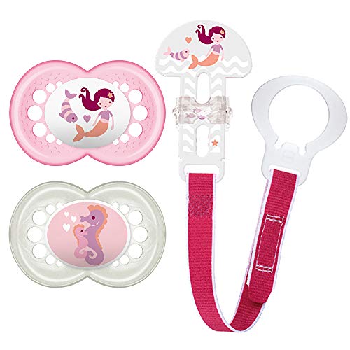 MAM Pacifier and MAM Pacifier Clip Value Pack (2 Pacifiers & 1 Clip), Pacifiers 6 Plus Months, Baby Girl Pacifier, Baby Pacifier Clips, Pink