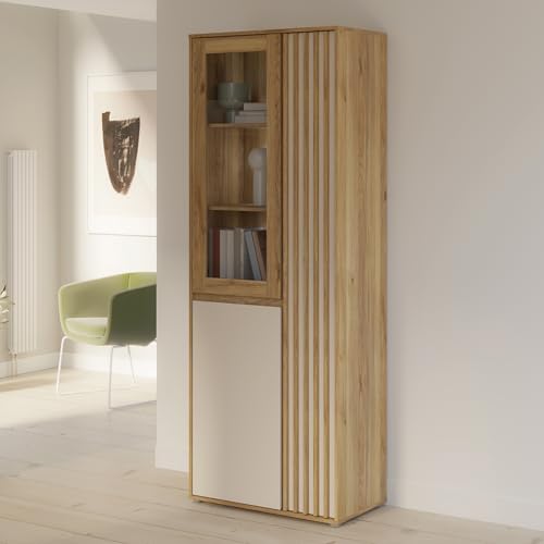 Forte ELISTON Vitrine 70 80 moderner Schrank mit Lamellendesign 3-türig Wohn-/Schlafzimmer Mauvella Eiche Holzdekor|Kashmir Beige 74 cm breit x 200 1 cm hoch x 41 5 cm tief