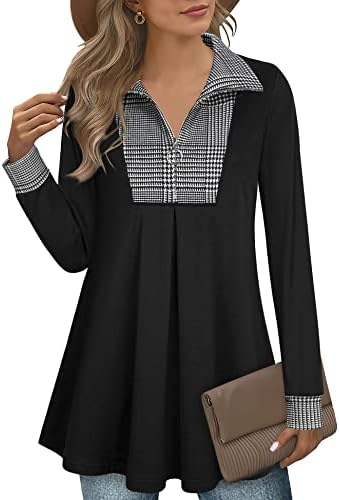 Timeson Black Tunic Tops for Women,Cowl Neck Tunics Sweater for Women V Neck Zip Up Winter Tops Long Sleeve Thick Ladies Sweatshirt for Leggings Cotton Knit Fashion Dressy Plaid Christmas Outfits