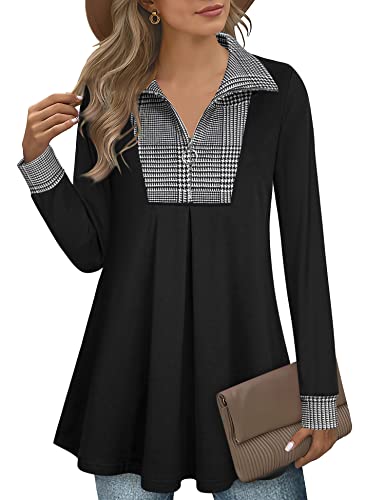 Timeson Black Tunic Tops For Women,Cowl Neck Tunics Sweater For Women V Neck Zip Up Winter Tops Long Sleeve Thick Ladies Sweatshirt For Leggings Cotton Knit Fashion Dressy Plaid Christmas Outfits #TOP2