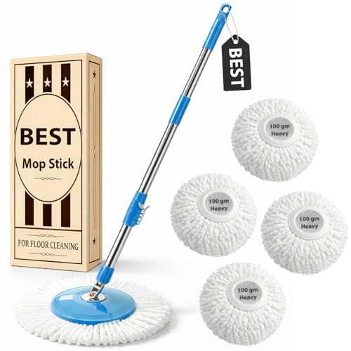 Image of Smart 360 Spin Mop Stick Rod with Stainless Steel Handle | Adjustable & Extendable Mop Handle | Heavy Duty Rust-Proof Floor Cleaning Rod Compatible with Spin Mop Refill - 4 Refill