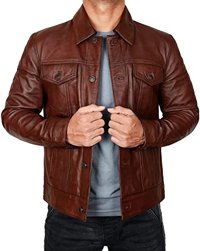 Vintage Real Lambskin Leather Trucker Jacket Men - Black & Brown Genuine Leather Western Style Cowboy Coat