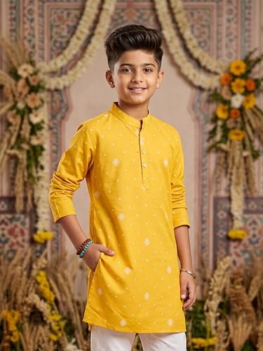 Image of KiddoPanti Boys 100% Cotton Ethnic Motif Printed Short Length Kurta