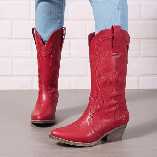 Image of SelRoys Cowboy Boots for Women Cowgirl Mid Calf Western Pointy Toe Boots Embroidered Stitched Chunky Heel Red Brown US5-11