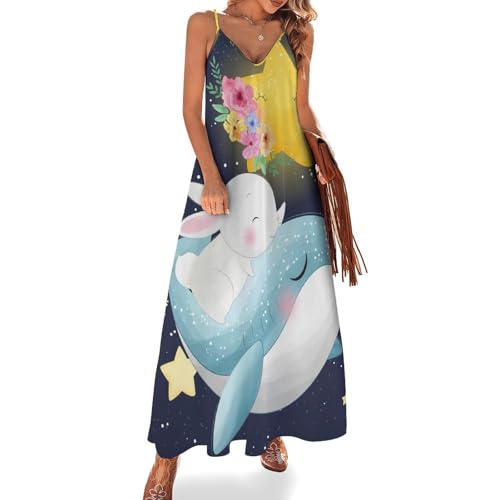 Robe maxi de plage pour voyages d'été imprimé baleine étoiles lapin