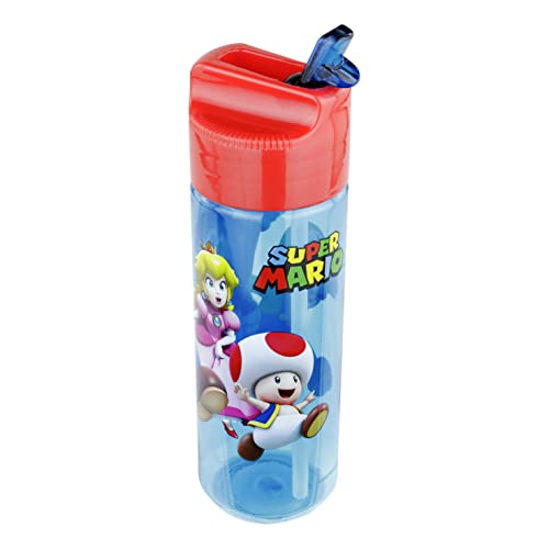 P:os 33165 Gourde pour Enfants, Environ 540 ML, Design Transparent avec Motif Super Mario et Paille intégrée à Rabat, en Plastique, sans BPA et phtalates