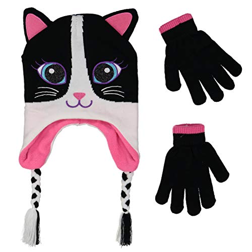 PEAK 2 PEAK Girls Cat Face Beanie Winter Hat and Glvoes Cold Weather Set, Age 4-7