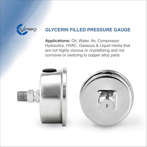 2 1-2" Pressure Gauge, Stainless Steel Case, Chrome Plated Brass Connection, Liquid Filled, 0-30 psi/kPa, Back Mount 1/4" NPT