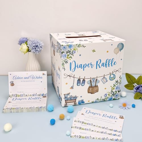 OWWOPATS 51Pcs Baby Boy Shower Decorations Dipaer Raffle Tickets with Box, A Sweet Baby Boy is on His Way Diaper Raffle Box, Blue Boy Baby Shower Decorations for Game Kit - Thumbnail 2