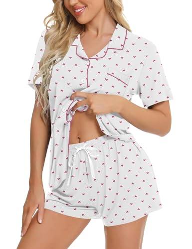 SWOMOG Women Pyjamas Set Short Sleeve Sleepwear Womens Button Down Nightwear PJ Set with Pockets