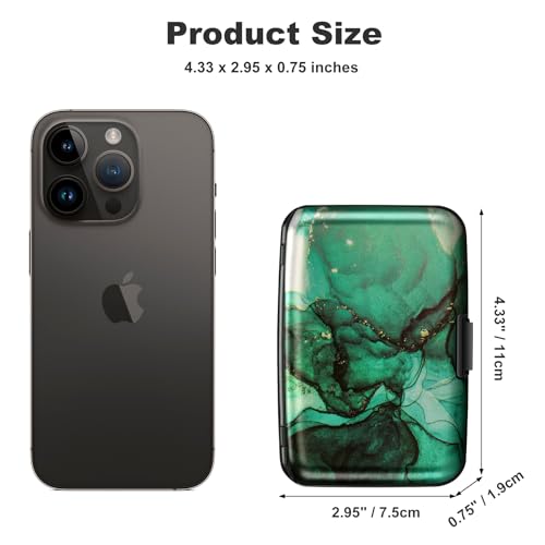 Image of ELFISH Mini RFID Aluminum Wallet Credit Cards Holder Business Card Case Metal ID Case for Men Women, Greenblack Marble, 4.33 x 2.95 x 0.75 inches, Compact