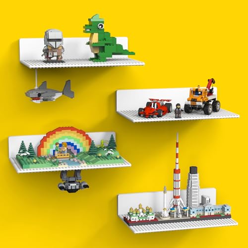 BlissBox 4-Pack Large Display Shelves for Wall Compatible with Lego Building Bricks 11.3x6.3inch Dual-Sided 36x20 Studs for Brick Display and Storage for Medium & Large Brick Builds White