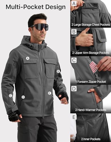 Image of FREE SOLDIER Men's Waterproof Softshell Jacket Fleece Lined Outdoor Jacket Tactical Military Hoodie Windbreaker