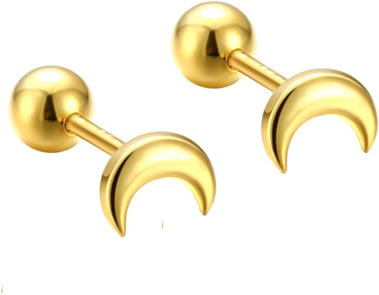 COSMO CARAT 14K Gold Plated Nap Earrings 925 Sterling Silver Star Moon CZ Stud Earrings Screw Back Hypoallergenic Celestial Tiny Cartilage Helix Second Piercing Earrings For Women