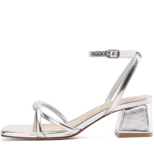 Image of TEAIEUI Chunky Heels for Women, Square Open Toe Heeled Sandals, Strappy Ankle Strap Shoes for Dress, Party, Prom, Block Low Heel 2 inch