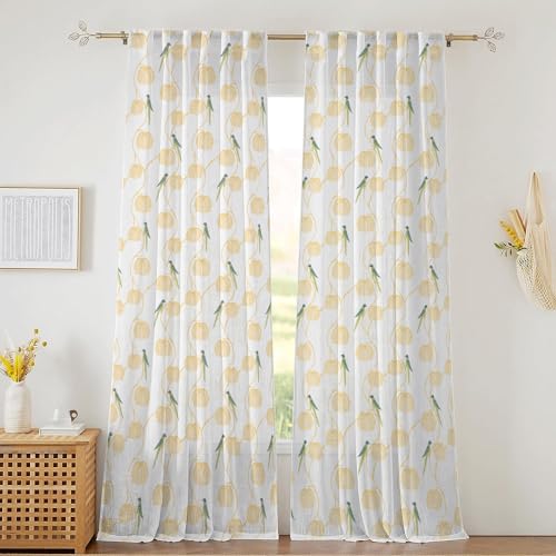 Image of Tranquebar Curtain Co. Sheer Curtains 5 Feet, Linen Textured Sheer Fabric, 20-30% Light Filtering, Blue Bird Print, White Sheer Curtains, BackTab Loops, Design Mithu (152 cm) - Set of 2