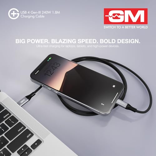 Image of GM G+ USB 4 Gen-III 240W Type-C-C Cable | 180cm | 40Gbps Data Transfer | 8K Display Support | PD 3.1 Charging | 20,000 bend cycles tested Nylon Braided | Laptops,Tablets, Smartphones |1 Year Warranty