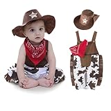 LXXIASHI 3PCS Cowboys Romper Outfit Set Baby Boy Suspenders Jumpsuit Overall Pants + Scarf + Hat (White Brown, 3-6 Months)
