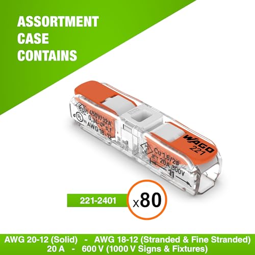 WAGO 221-2401 80pc Inline Compact Splicing Wire Connectors | Includes 80pc 221-2401 (2 Conductor) | WAGO Wire Connectors | 221 Straight Inline Splice | Straight Electrical Lever Nuts | (2-Port)