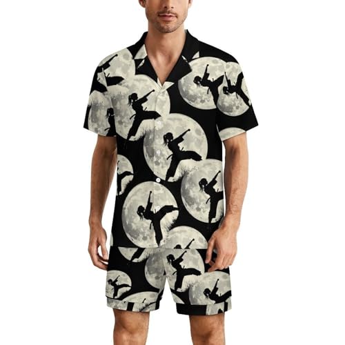 Taekwondo Girl in The Moon Mens Pajamas Set Short Sleeve Sleepwear Summer Pjs Sets 2 Piece Loungewear Nightwear