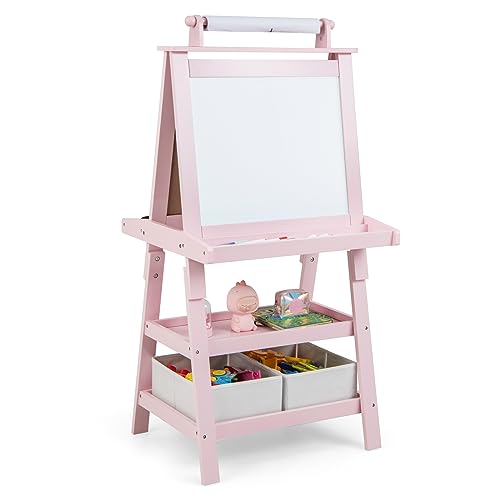 GYMAX Cavalletto per Bambini 3 in 1, Lavagna Magnetica con Doppia Faccia,2 Vassoi e 2 Scatole, Cavalletto per Dipingere, Inclusi Carta per Dipingere e Magneti, 59 x 50 x 117 cm (Rosa)