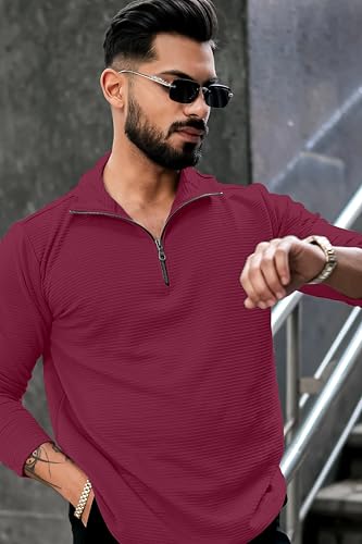 Image of KAJARU Men's Quarter Zip Pullover T-Shirt, Textured Ribbed Long Sleeve, Casual Mock Neck