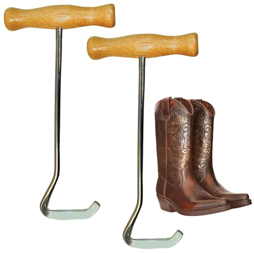 Intrepid International Wooden Handle Boot Hooks Boot Puller Pair of Durable Metal Shoe Hooks for Effortless Boot Pulling for Cowboy Boots Riding Boots Boot Helper 2-Pack