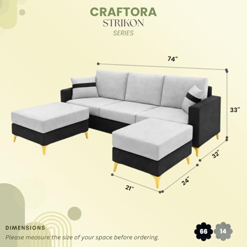 Image of Strike Dual Tone Plush 5 Seater L Shape Sofa Set with 2 Movable Ottomans | Flexible Layout | Silken Velvet Suede| Golden Metal Legs | for Living Room & Office (Light Grey & Black)