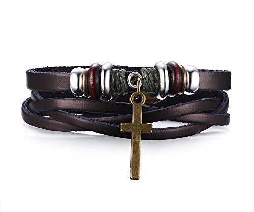 Joielavie Bracelet pour Homme en Cuir Alliage avec Croix Crucifix Multi-Rangs Croisé Fermoir Bouton Chaîne de Main Bijoux Cadeau Cover