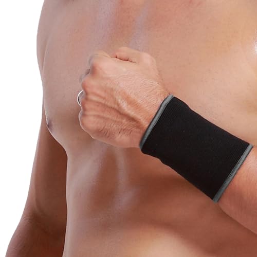 NeoTech Care Wrist Band Support Sleeve - Elastic & Breathable Knitted Fabric Compression Brace - for Tennis, Gym, Sport, Tendonitis (Black Color, Size S, 1 Unit)