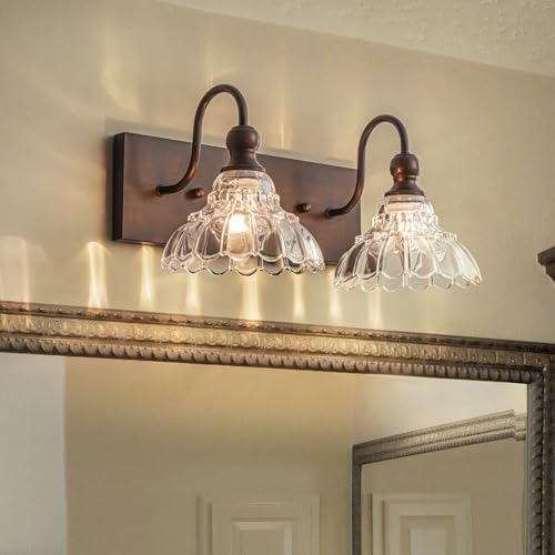 Image of EDISLIVE Vintage Vanity Light for Bathroom ORB 2-Light Bath Wall Light Fixture with Clear Flower Glass Shades 16.5 inch E12 Antique Wall Sconce for Bedroom Hallway Living Room Vanity Mirror