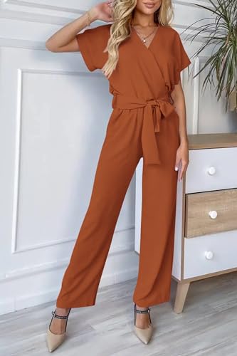 PRETTYGARDEN Women's Summer One Piece Jumpsuits Belted Short Sleeve Wrap V Neck Fashion Dressy Casual Wide Leg Pants Romper