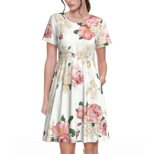 Robe d'été motif fleurs roses à coupe fluide et manches courtes