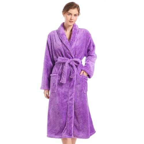 Inner Wish Bata de felpa para mujer, acogedora y cálida, bata de baño mullida con bolsillos (gris claro + rojo rosa), Violeta, S-M