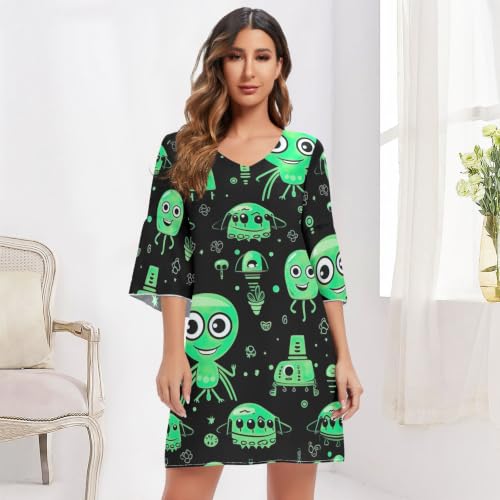 Robe d'été légère col en V vert vêtement décontracté manches 3/4 - 6