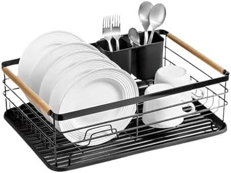 Escorredor de Louça de Aço Preto com Alças de Madeira – Suporte 9...