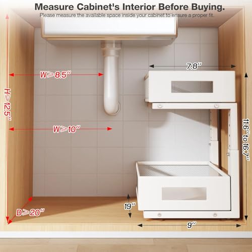 Image of 2 Packs 19IN Depth Under Sink Organizer, 2-Tier Pull Out Cabinet Organizer With Smooth Circular Rail, Large Capacity Metal Mesh Sliding Drawers For Bathroom& Kitchen Storage,Height Adjustable -White